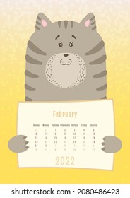 2022 february calendar, cute cat animal holding a monthly calendar sheet, hand drawn childish style.