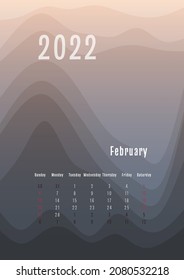 2022 february vertical calendar every month separately. monthly personal planner template. Peak silhouette abstract gradient colorful background, design for print and digital.