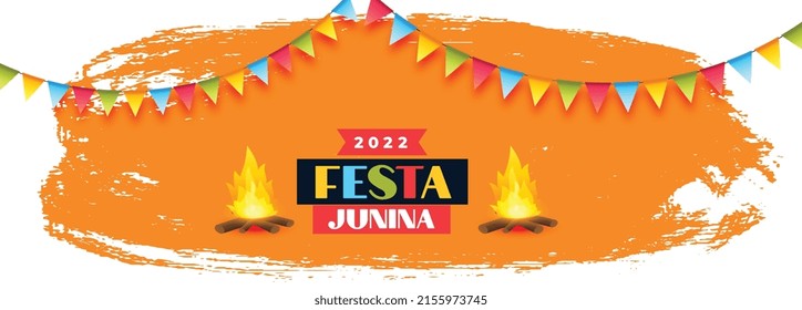 2022 festa junina brazil festival banner with bonfire and party flags