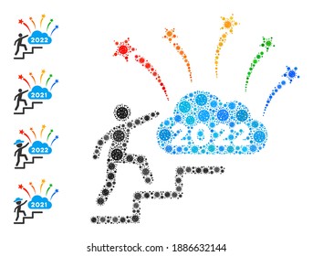 2022 fireworks cloud steps virus mosaic icon. 2022 fireworks cloud steps collage is organized from randomized infection icons. Bonus icons are added. Flat style.