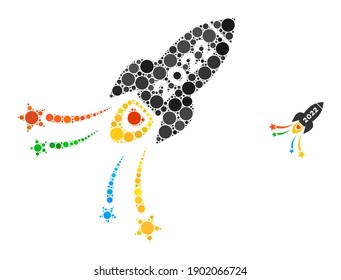 2022 fireworks rocket collage of filled circles in various sizes and color tints. Vector filled circles are composed into 2022 fireworks rocket collage.