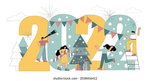 2022. La gente plana se está preparando para Navidad, Año Nuevo. Ilustración vectorial aislada en fondo blanco.