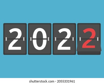2022 flip board on blue. New year coming, beginning, planning, celebration and time concept. Flat design. Vector illustration. EPS 8, no gradients, no transparency
