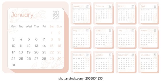 2022 floral leaves light pink calendar planner month leaf, week starts on Monday, template, mock up calendar leaf - Illustration. Vector graphic page