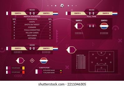 2022 Football championship graphic element. Soccer scoreboard, statistics, schedule, line up and substitution template on red background vector illustration