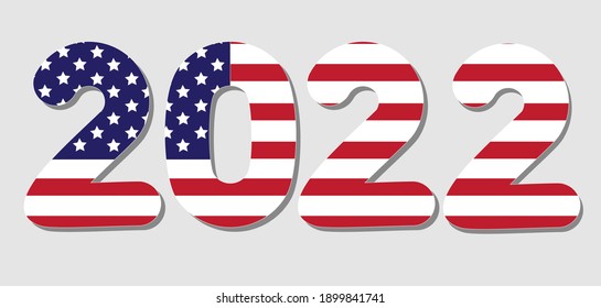 2022 in the form of the American flag. New Year lettering with recognizable elements of the flag.
