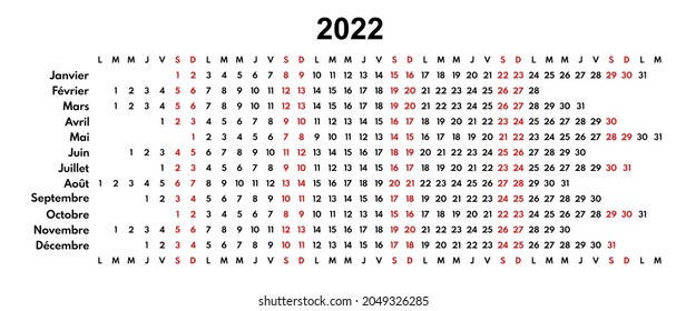 2022 french language linear calendar, wall or desk planner with each month in row, vector template