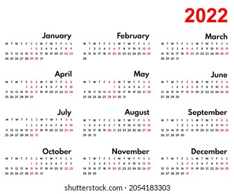 2022 full year monthly english language wall or table calendar, wide month grid, vector template