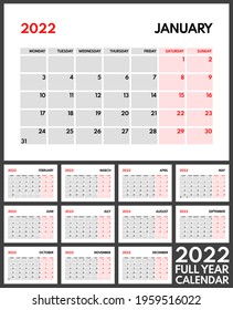 2022 full year monthly office planner, calendar starts monday, two weekends, white background