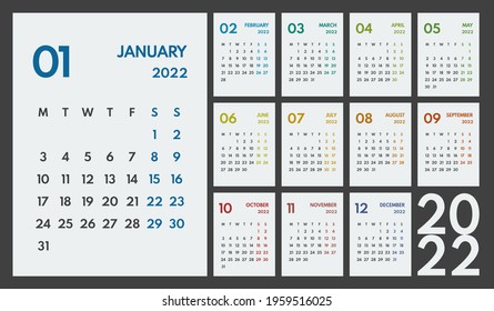 2022 Full Year Monthly Office Planner, Calendar Starts Monday, Two Colorful Weekends, White Background