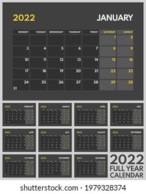 2022 full year monthly office planner, calendar starts monday, two weekends, dark background