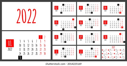 2022 full year monthly office planner or wall calendar horizontal grid layout, monday first, two weekends, each month on separated page, ready for print