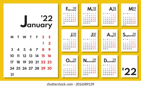 2022 full year monthly office planner or wall calendar vertical grid layout, monday first, two weekends