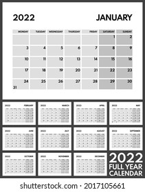 2022 full year monthly office planner, calendar starts monday, two weekends, white background with grey cells