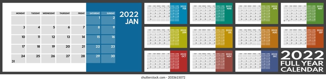 2022 full year monthly office planner or wall calendar horizontal grid layout, monday first, two weekends, each month on separated page, ready for print