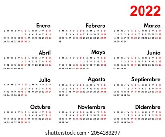 2022 full year monthly spanish language wall or table calendar, wide month grid, vector template