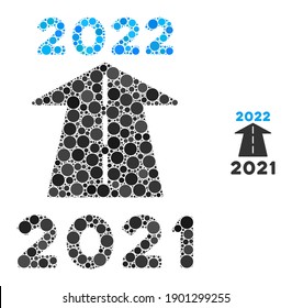 2022 future road collage of circle elements in variable sizes and color tinges. Vector circle elements are composed into 2022 future road composition. 2022 future road isolated on a white background.