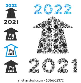 2022 future road virus mosaic icon. 2022 future road collage is constructed from randomized covid icons. Bonus icons are added. Flat style.
