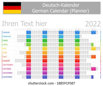 2022 German Planner Calendar with Horizontal Months on white background