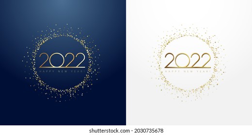 2022 glittering golden circle Happy New Year banner. Gold digits in sparkling ring with dust glitter graphic on dark blue and white background. Beautiful numbers graphic design template