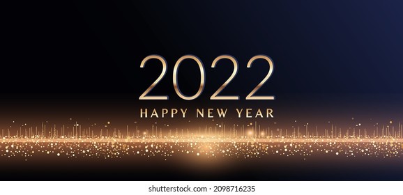 2022 Glittering New Year Card, Festive  Sparkling Gold Background, Horizontal banner