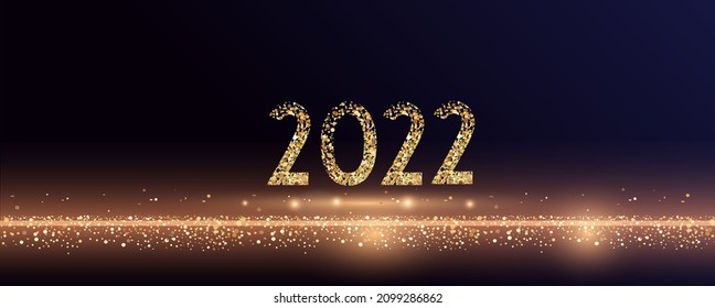2022 Glittering New Year Card, Festive  Sparkling Gold Background, Horizontal banner