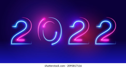 2022 glowing neon numbers decoration on blue background. Happy New Year celebration design for poster or banner. Vector illustration