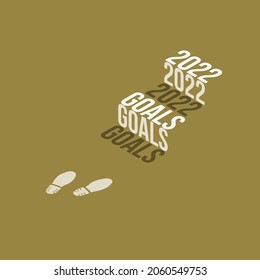 2022 goals Isometric stairs text effect with footprints isolated on gold background, Vector Illustration.
