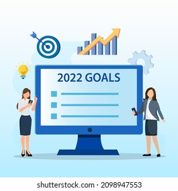 2022 goals vector concept. business people showing 2022 goals list, Flat vector template style Suitable for Web Landing Pages.