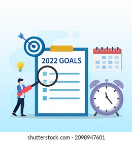 2022 goals vector concept. business people showing 2022 goals list, Flat vector template style Suitable for Web Landing Pages.