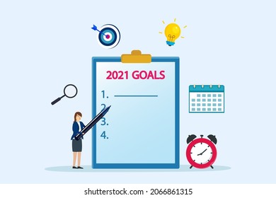 2022 goals vector concept. Young woman writing 2022 goals list on clipboard while standing with calendar, alarm clock and bulb