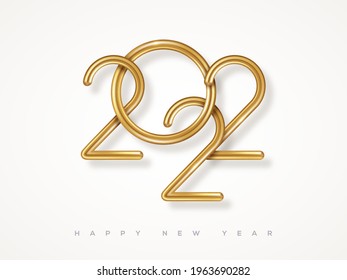 2022 Gold 3d Numbers Isolated On White Background. Vector Illustration. Minimal Invitation Design For Christmas And New Year. Elegant Golden Text. Minimalistic Card Template.