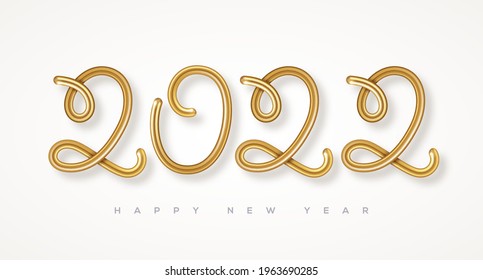 2022 gold 3d numbers isolated on white background. Vector illustration. Minimal invitation design for Christmas and New Year. Realistic 3d calligraphy sign. Festive poster or banner design
