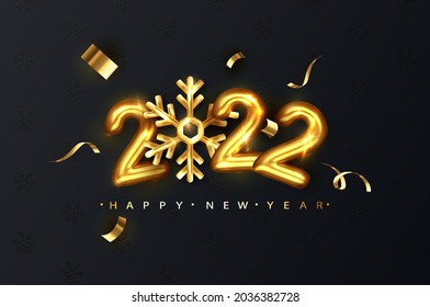 2022 Gold numbers with snowflake on black Christmas festive glitter background. New Year greeting background for the date 2022