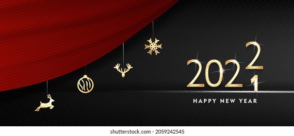 2022 Gold Shining numbers and gold christmas elements. Happy New Year greeting card. Vector illustration