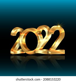 2022 golden 3D numbers, Happy New Year. Square banner Christmas theme. Holiday design for greeting card, invitation, calendar, party, gold luxury vip, vector isolated on blue background