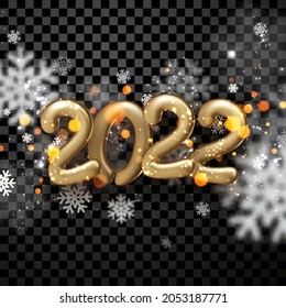 2022 golden balloon number with bokeh snowflakes on transparent background. Vector holiday illustration.