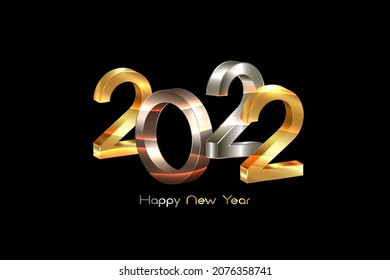 2022 golden, bronze and silver bold letters. New Year 3D logo for Holiday greeting card. Vector illustration isolated on black background, eve fashion luxury template 