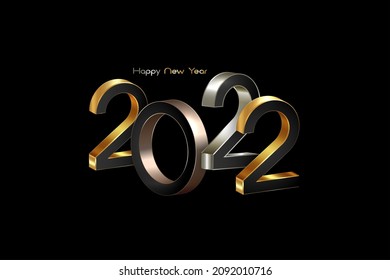 2022 golden, bronze and silver bold letters. New Year 3D logo for Holiday greeting card. Vector illustration isolated on black background, eve fashion luxury template 