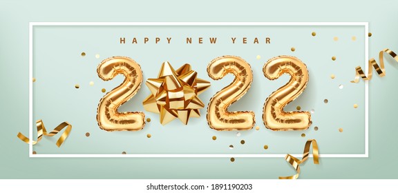 2022 golden decoration holiday on blue background. Gold foil balloons numeral 2022 with realistic festive objects,, glitter gold confetti and serpentine. Shiny party background. Horizontal banner
