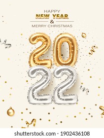 2022 golden decoration holiday on beige background. Shiny party background. Gold foil balloons numeral 2022 with realistic festive objects, glitter gold confetti and serpentine. Happy new year