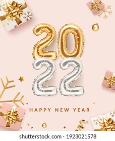 2022 golden decoration holiday on pink color background. Gold foil balloons numeral 2022 with realistic festive objects, glitter gold confetti, gifts and serpentine. Happy new year 2022 holiday poster