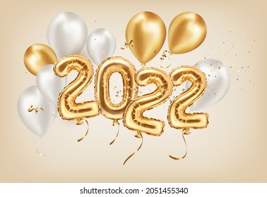 2022 golden decoration holiday on beige background. Happy new year 2022 holiday. Gold and silver foil balloons numeral 2022 with glitter gold confetti and Realistic 3d vector illustration.