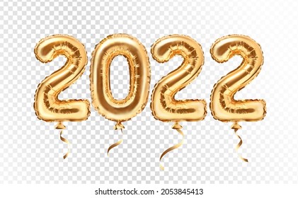 2022 golden decoration holiday on transparent background. Gold foil balloons numeral 2022. Realistic 3d vector illustration