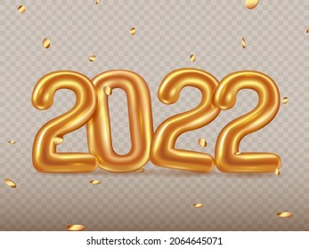 2022 golden decoration holiday on transparent background. Happy new year holiday. Gold foil balloons numeral 2022 with confetti and realistic festive objects