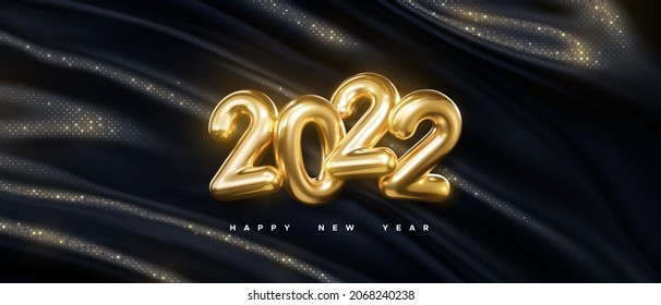 2022 golden metal sign. Happy New 2022 Year banner. Vector holiday illustration. Gold numbers on black glittering fabric background