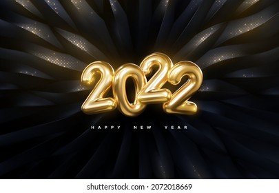 2022 golden metallic sign. Happy New 2022 Year banner. Vector holiday illustration. Realistic numbers on black background with shimmering glitters.