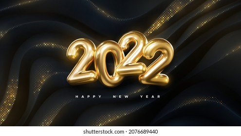 2022 golden metallic sign. Happy New 2022 Year banner. Vector holiday illustration. Realistic numbers on black background with shimmering glitters.