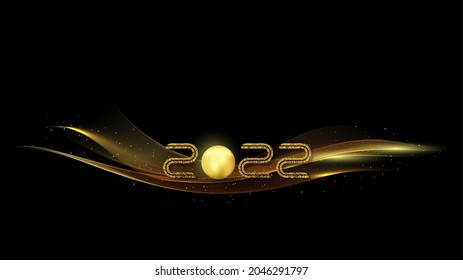 2022 golden waves vector background. Swirl of golden waves with golden sparkles on black background.Christmas and New Year 