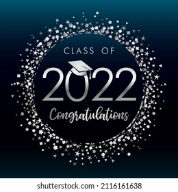 2022 graduates silver glitter confetti label on darck blue background. Graduation class of 2022 vector image with square academic cap for congratulation ceremony